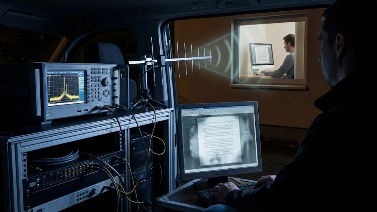 Van Eck phreaking demonstration setup with antenna intercepting CRT emissions