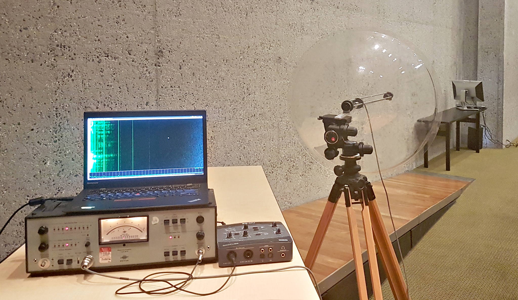 TEMPEST lab with spectrum analyzer, parabolic antenna, and target monitor